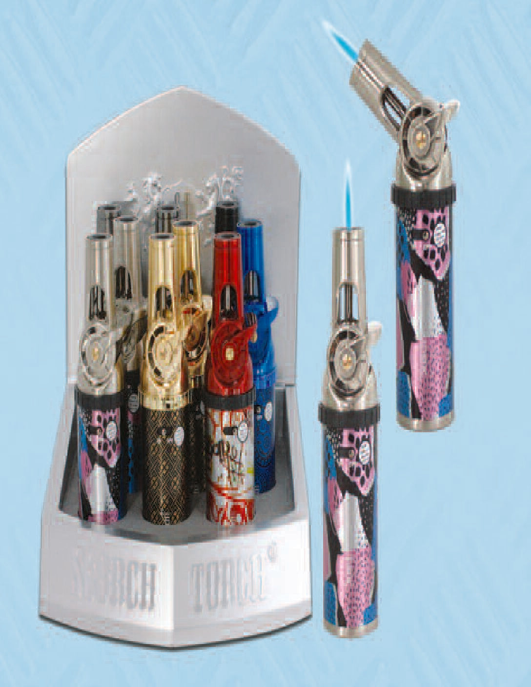 61822-1/Scorch Torch/5.25" Powerful Single Torch w/ adjustable angle, trigger lock, assorted designs/9ct