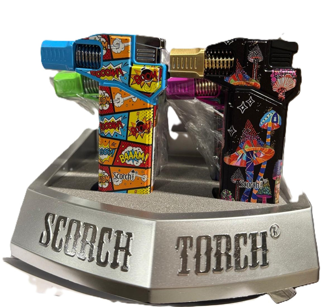 61831- Scorch Torch/ 90 Deg Nozzle lighter with Push Button Trigger /Assorted Design 6ct/display