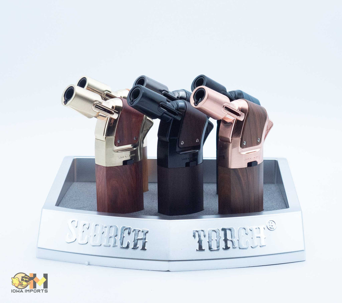 61715-1/Scorch Torch/Turbo 45 deg Torch/cigar punch & hold button/asst metal & wood design, 6ct