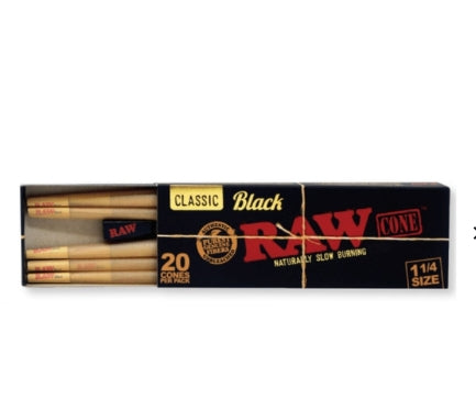 RAW BLACK CLASSIC CONE 1 1/4 SINGLE 20 CONES PER PACK