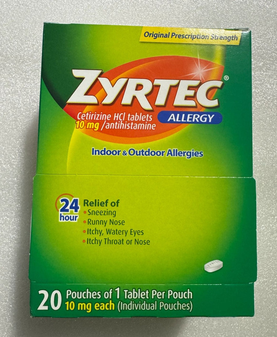 ZYRTEC ALLERGY 20 Pouches of 1 Tablet Per Pouch 10mg Each/ Antihistamine